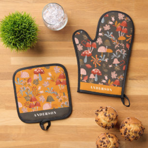 Herfst herfstpaddenstoel & botanisch patroon ovenwant & pannenlap set