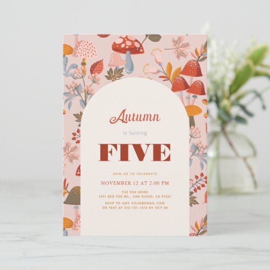 Herfst/Herfstpaddenstoel & Wildflower Roze Verjaar Kaart (Staand voorkant)