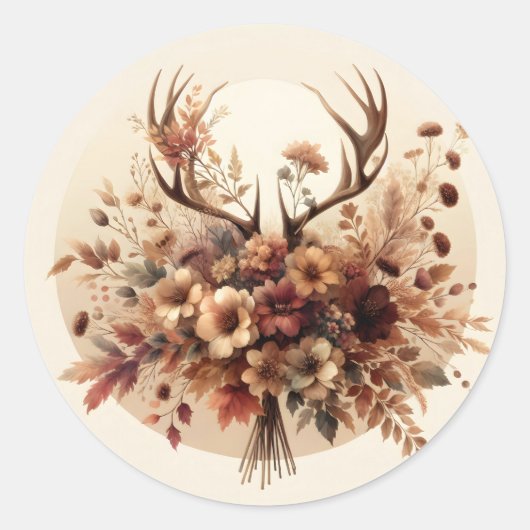 Herfst Herten Geweibloemstuk Ronde Sticker (Voorkant)