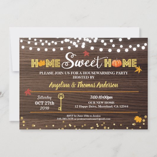 Herfst housewarming party rustiek hout herfstpompo kaart (Voorkant)