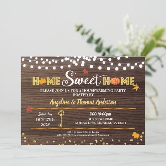 Herfst housewarming party rustiek hout herfstpompo kaart (Staand voorkant)