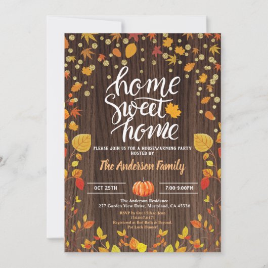 Herfst housewarming party rustiek hout pompoen gou kaart (Voorkant)