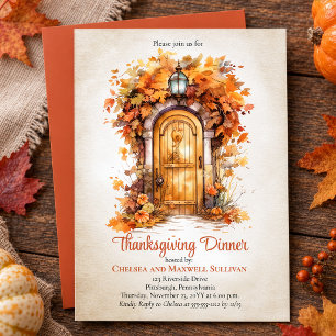 Herfst houten deur bladeren Thanksgiving diner fee Kaart