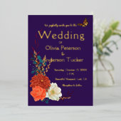 Herfst Huwelijk Monarch Bloemig Paars Goud Folie Uitnodiging (Staand Voorkant)