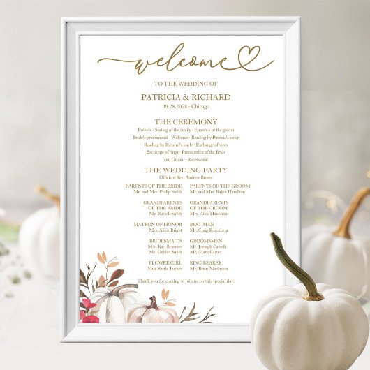 Herfst-huwelijksceremonieprogramma met pompoen poster
