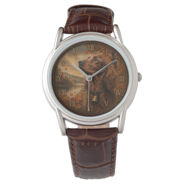 Herfst Ierse Setter – Rustieke Jachthond Kunst Horloge (Voorkant)