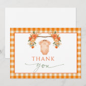 Herfst in de liefde Bloemen Sinaasappel Gingham Ba Bedankkaart (Voorkant / Achterkant)