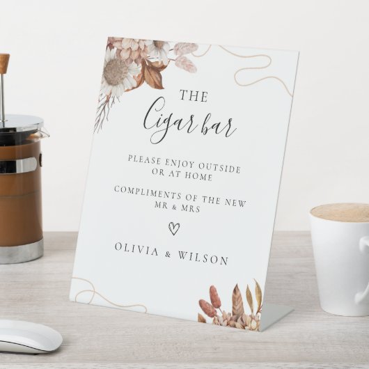 Herfst in de liefde | Boho Bloemen Trouwsigaar Bar Reclamebord Met Voetstuk (Insitu)