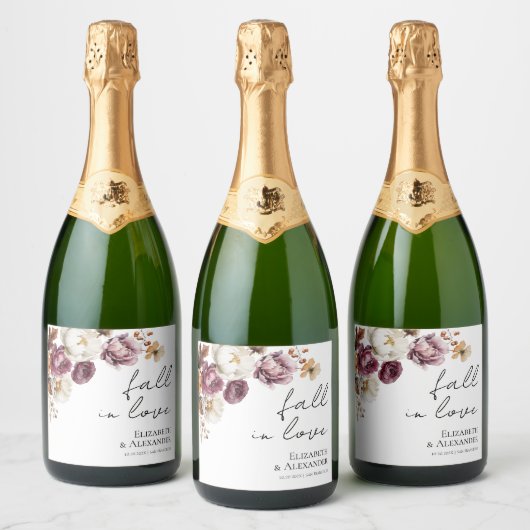 herfst in de liefde | Bourgondische bloemenbruilof Sparkling Wijnetiket (Flessen)