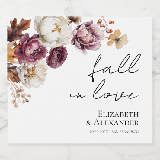 herfst in de liefde | Bourgondische bloemenbruilof Sparkling Wijnetiket (Enkel label)