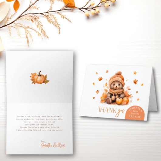 Herfst in de liefde kleine teddybeer gevouwen dank bedankkaart