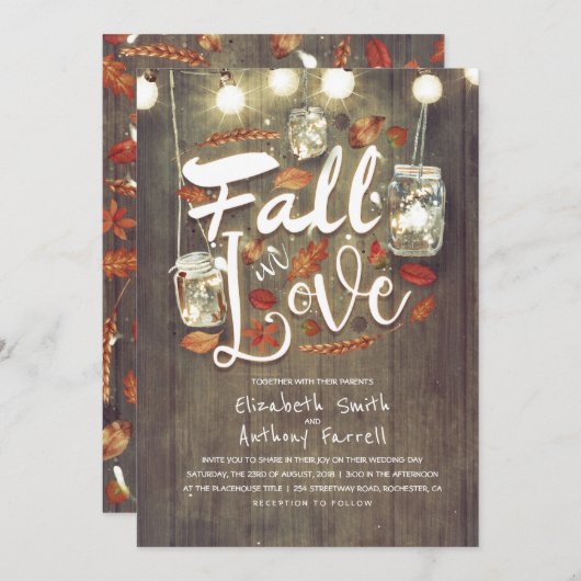 Herfst in de liefde Rustic Mason Jar Lights Weddin Kaart (Voorkant / Achterkant)
