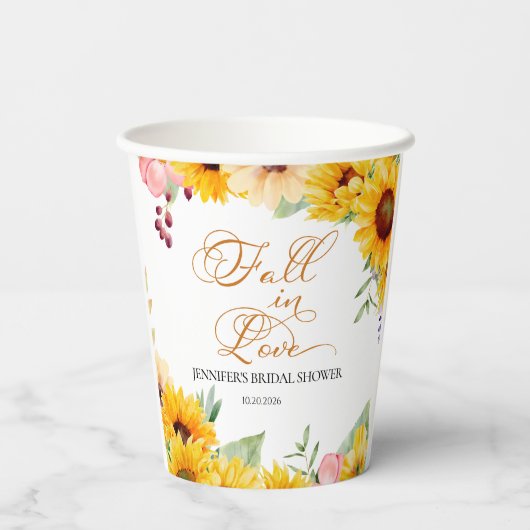Herfst in de liefde | Zonnebloem Vrijgezellenfeest Papieren Bekers (Achterkant)