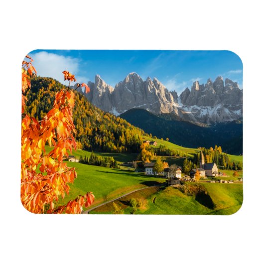 Herfst in een Dolomietenlandschap met een kerk Magneet (Horizontaal)