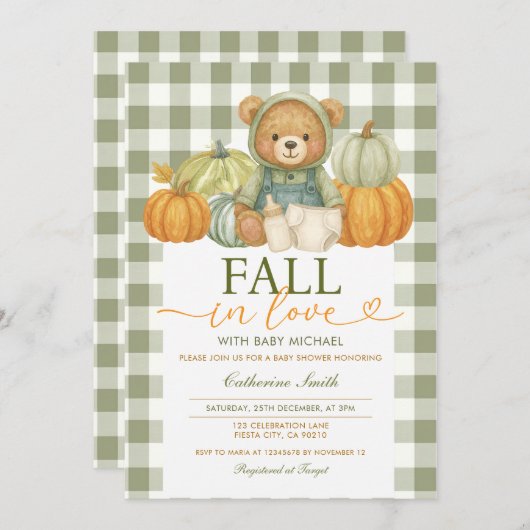 Herfst in liefde Beer Pompoen Baby shower Gingham Kaart (Voorkant / Achterkant)