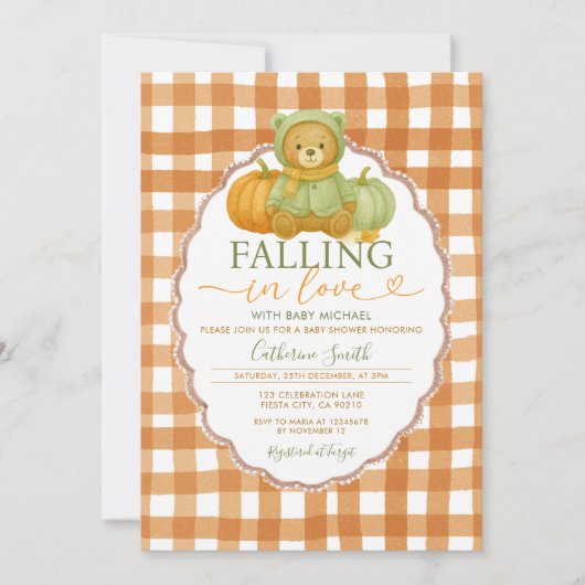 Herfst in liefde Beer Pompoen Baby shower Gingham Kaart (Voorkant)