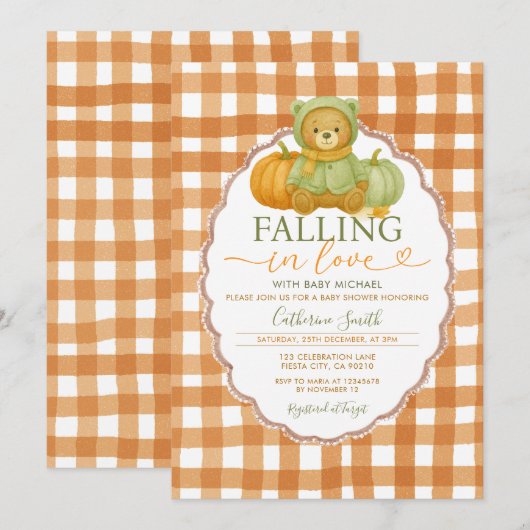 Herfst in liefde Beer Pompoen Baby shower Gingham Kaart (Voorkant / Achterkant)