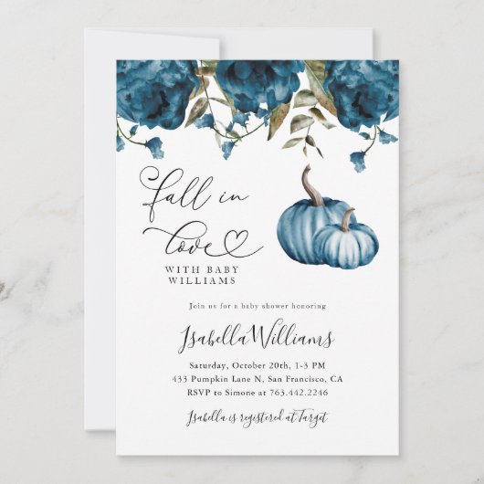 Herfst in Liefde Blauw Bloemen Baby shower Kaart (Voorkant)