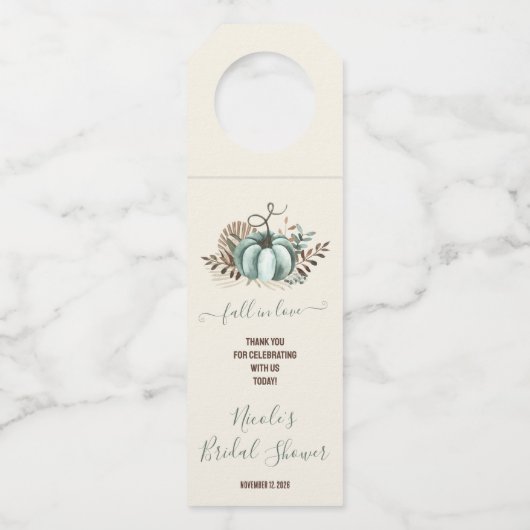 Herfst in liefde, Blauwe Pompoen, Bloemen Vrijgeze Flessenhanger (Voorkant)