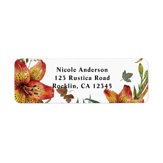 Herfst In Liefde Bloemen Sinaasappel Lelies & blad Etiket (Voorkant)