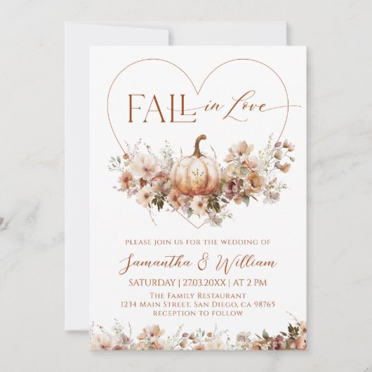 Herfst in liefde Bloemenpompoen Hoor Foto Bruiloft Kaart (Voorkant)