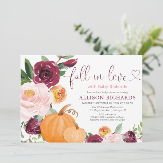 Herfst in liefde bloemenrustiek bordeaux baby show kaart (Staand voorkant)