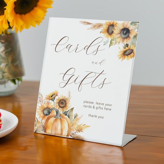 Herfst in liefde boho pompoen zonnebloemen geschen reclamebord met voetstuk