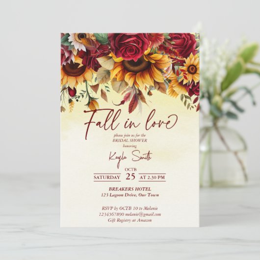 Herfst in liefde bordeaux rozen zonnebloemen bruid kaart (Staand voorkant)