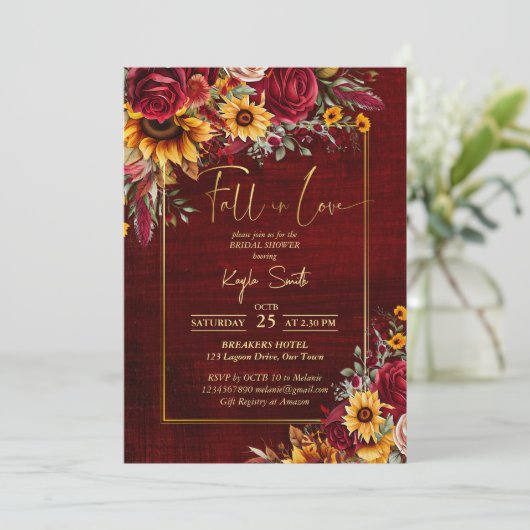 Herfst in liefde bordeaux rozen zonnebloemen bruid kaart (Staand voorkant)