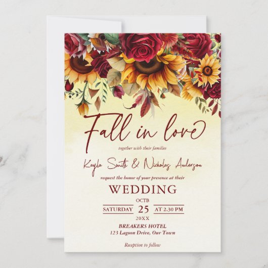 Herfst in liefde bordeaux rozen zonnebloemen bruil kaart (Voorkant)