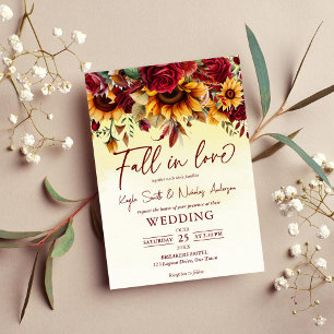 Herfst in liefde bordeaux rozen zonnebloemen bruil kaart