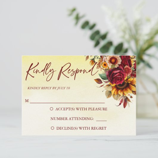 Herfst in liefde bordeaux rozen zonnebloemen bruil RSVP kaartje (Staand voorkant)