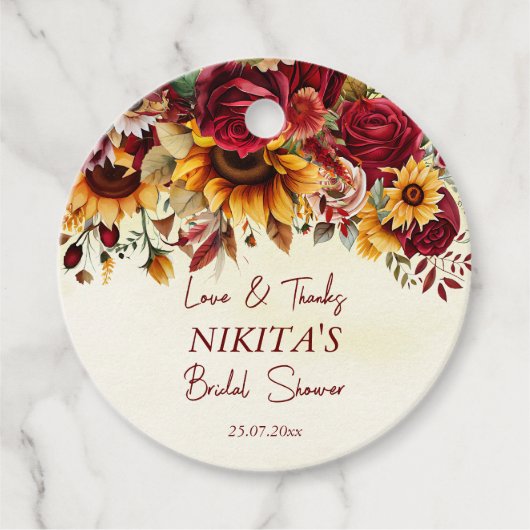 Herfst in liefde bordeaux rozen zonnebloemen dank  bedankjes labels (Voorkant)