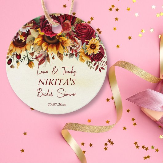 Herfst in liefde bordeaux rozen zonnebloemen dank  bedankjes labels