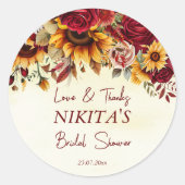 Herfst in liefde bordeaux rozen zonnebloemen dank  ronde sticker (Voorkant)