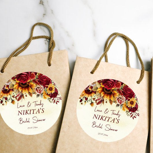 Herfst in liefde bordeaux rozen zonnebloemen dank  ronde sticker