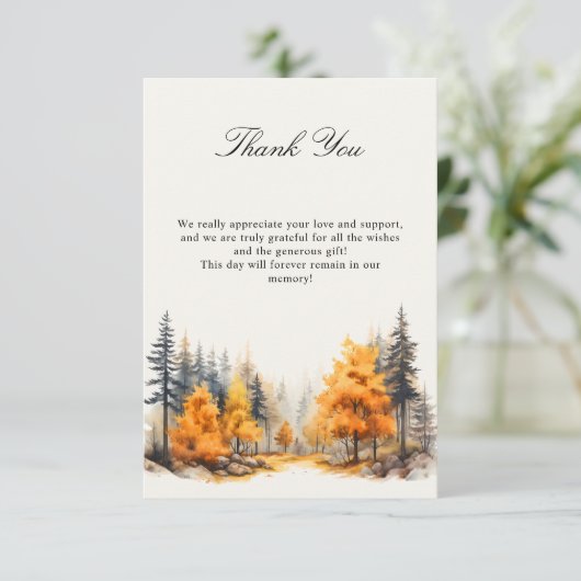 Herfst in liefde Bos bruiloft Foto Bedankkaart (Staand voorkant)