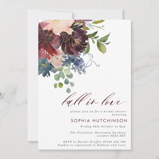 Herfst in Liefde Bourgondië & Navy Bloemen Vrijgez Kaart (Voorkant)