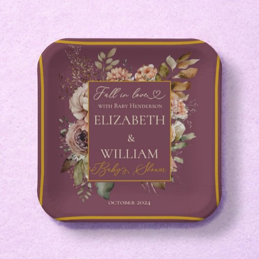 Herfst in liefde Bourgondische Herfst Floral Papieren Bordje