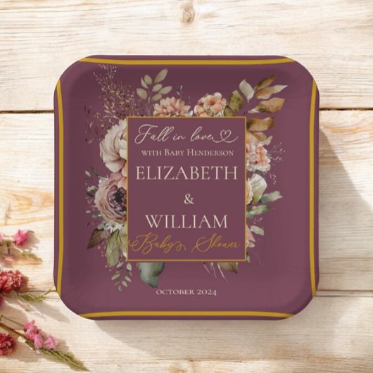 Herfst in liefde Bourgondische Herfst Floral Papieren Bordje