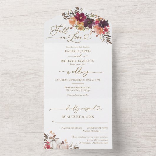 Herfst in liefde Bourgondische pompoen bruiloft All In One Uitnodiging (Binnen)
