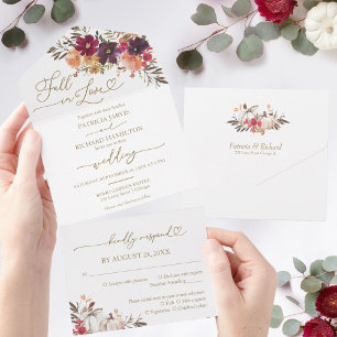 Herfst in liefde Bourgondische pompoen bruiloft All In One Uitnodiging