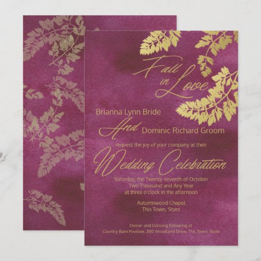 Herfst in liefde Cranberry en gouden bladeren brui Kaart (Voorkant / Achterkant)