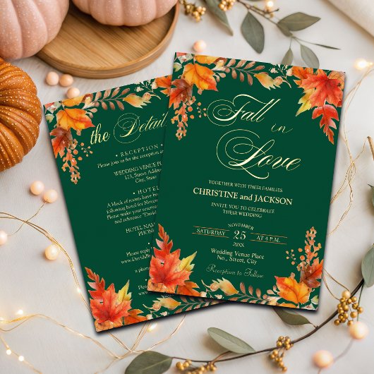 Herfst in Liefde Details op Terug Bloemen Trouwgou Folie Uitnodiging