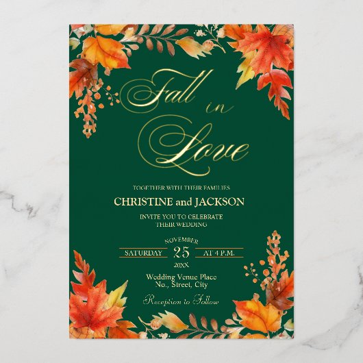 Herfst in Liefde Details op Terug Bloemen Trouwgou Folie Uitnodiging (Voorkant)