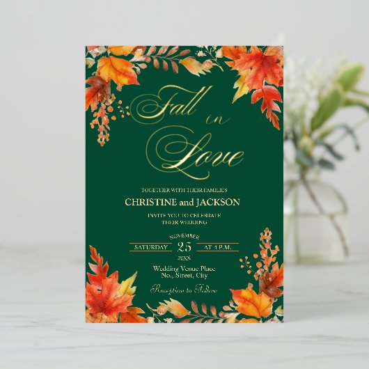 Herfst in Liefde Details op Terug Bloemen Trouwgou Folie Uitnodiging (Staand Voorkant)