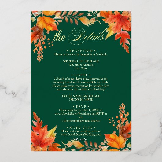 Herfst in Liefde Details op Terug Bloemen Trouwgou Folie Uitnodiging (Achterkant)