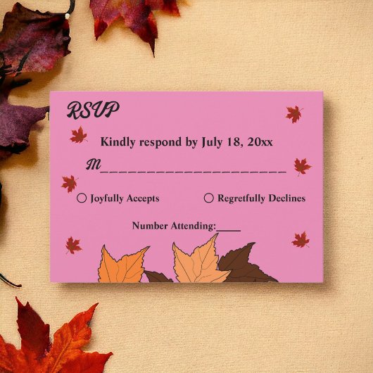 Herfst in liefde Elegant Roze Bladeren Herfst Brui RSVP Kaartje