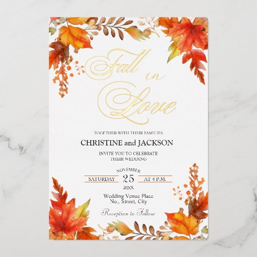 Herfst in Liefde Elegante Boho Bloemen Trouwgoud Folie Uitnodiging (Voorkant)