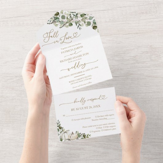 Herfst in liefde groen pompoen bruiloft all in one uitnodiging (Afscheurbaar)